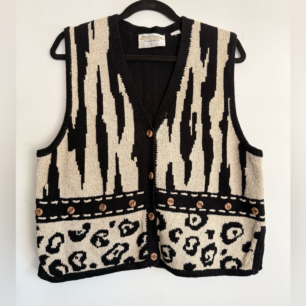 Vintage 90s Marisa Christina Vest Ramie Cotton Knit Animal Print Button Up L